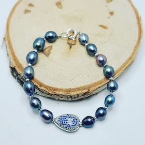Tahitian Pearl Zirconia Hamsa Hand charm bracelet